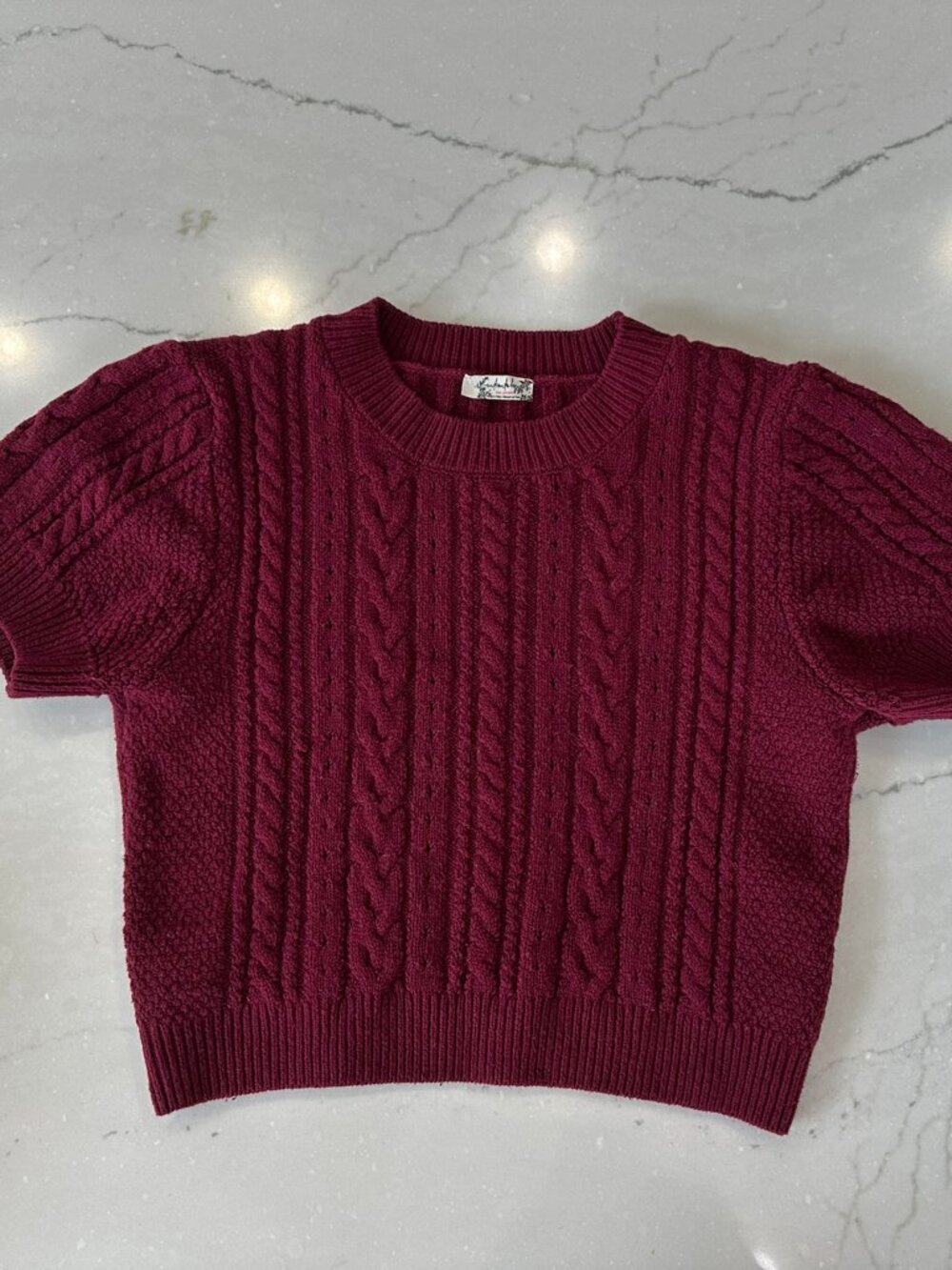 Free People Short + Sweet Burgundy Cable Knit Cropped Sweater Top
